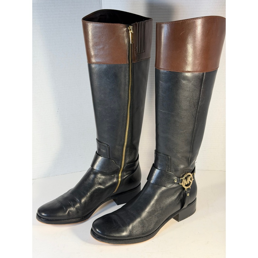Michael Kors Black Brown Leather Tall Riding Boots Gold MK Logo Medallion 9.5M